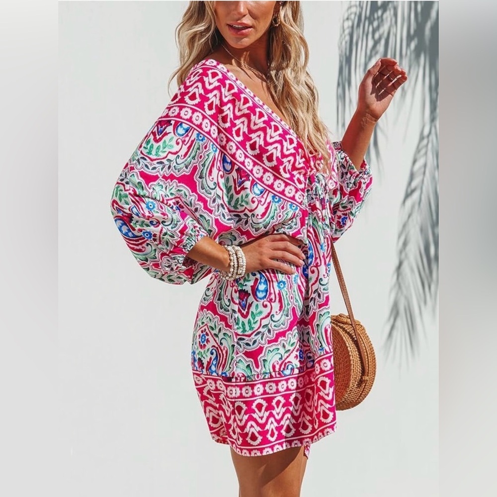 Cupshe Hot Pink Geo Puff Sleeve Mini Dress Size S - Picture 2 of 13